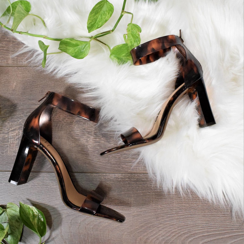 INC Makenna Tortoise Vinyl Ankle Strap Square Toe Heels 7